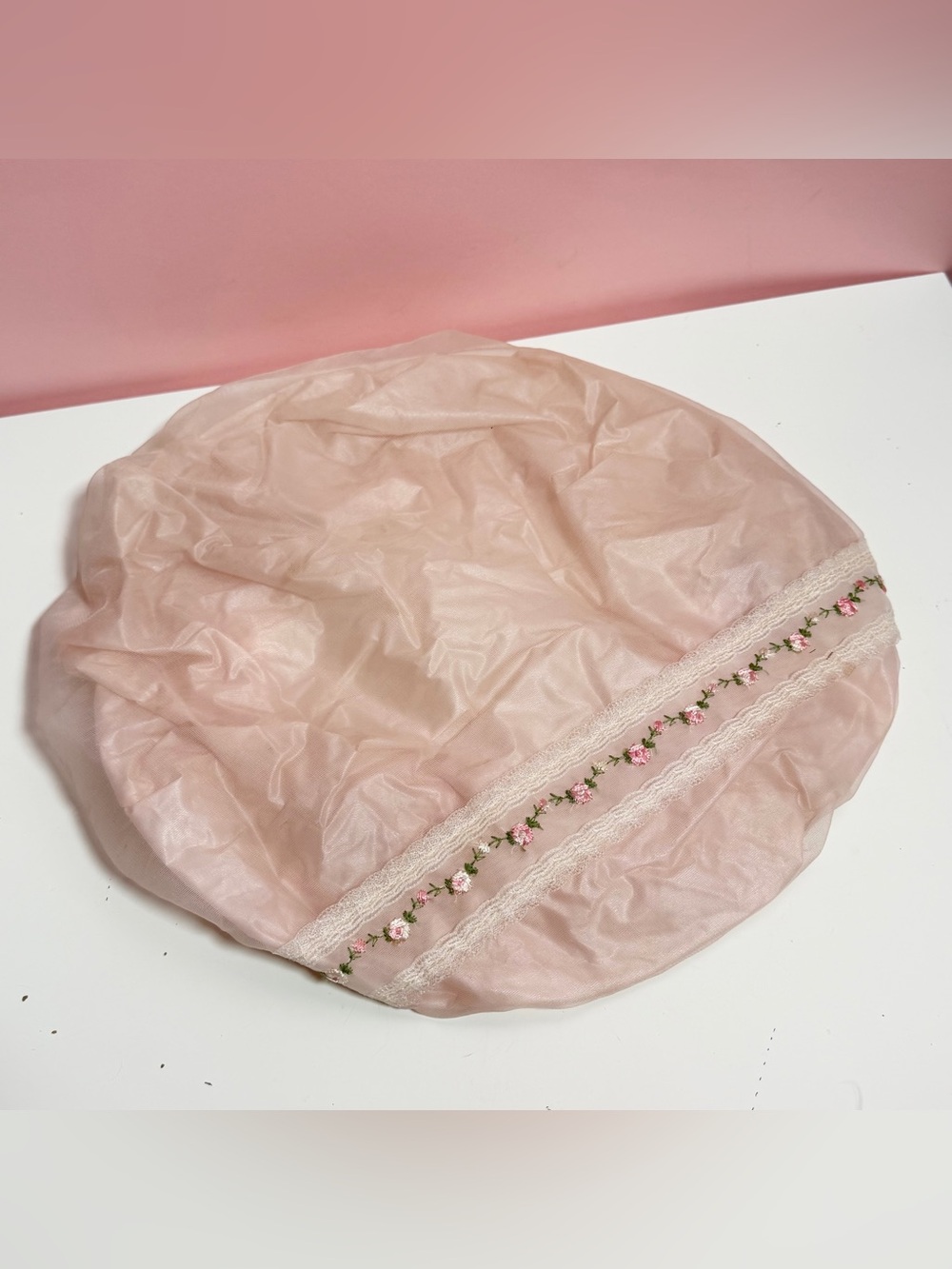 Vintage boudoir Pink Sheer Chiffon & Lace floral rose Bouffant Style Bath cap